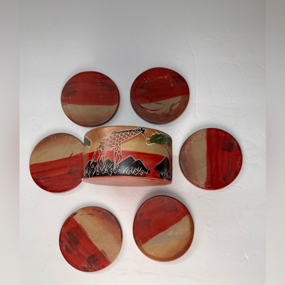 African Safari Hand Painted‎ Hand Carved Soapstone Coasters Kenya Set of 7 READ